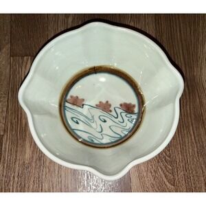 Handcrafted Signed Ceramic Scalloped Bowl White Blue Wave‎ Floral 7.5 Inch